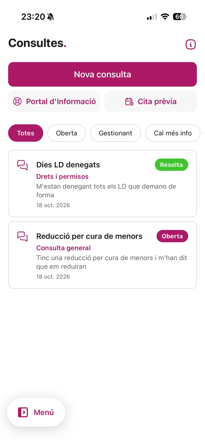 Llista de consultes al sindicat amb l'estat de cadascuna