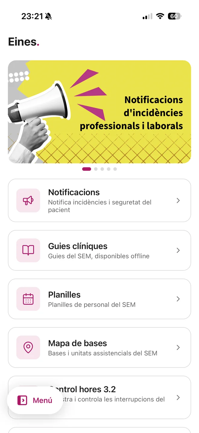 Menú d'eines de l'app iSEM