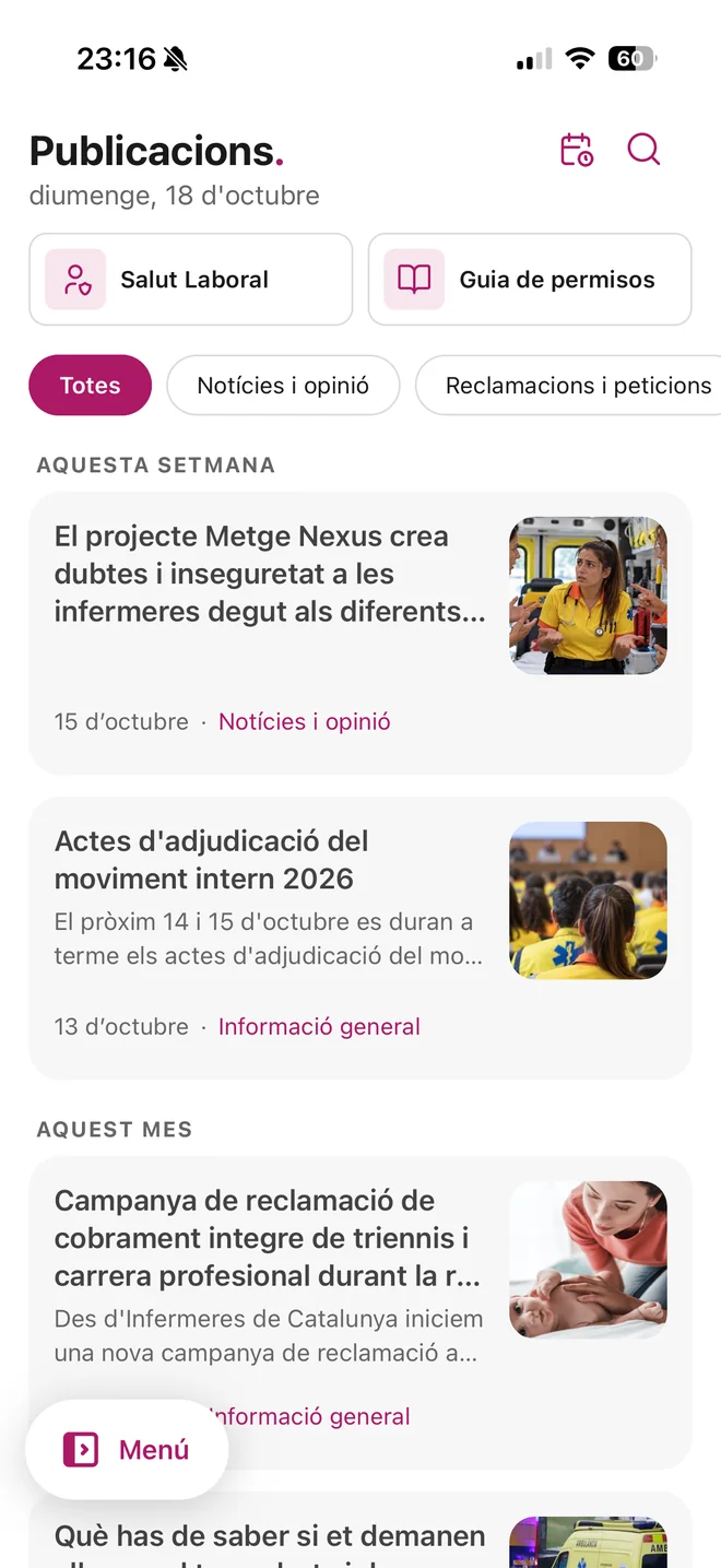 Pantalla d'inici de l'app iSEM amb les publicacions del sindicat